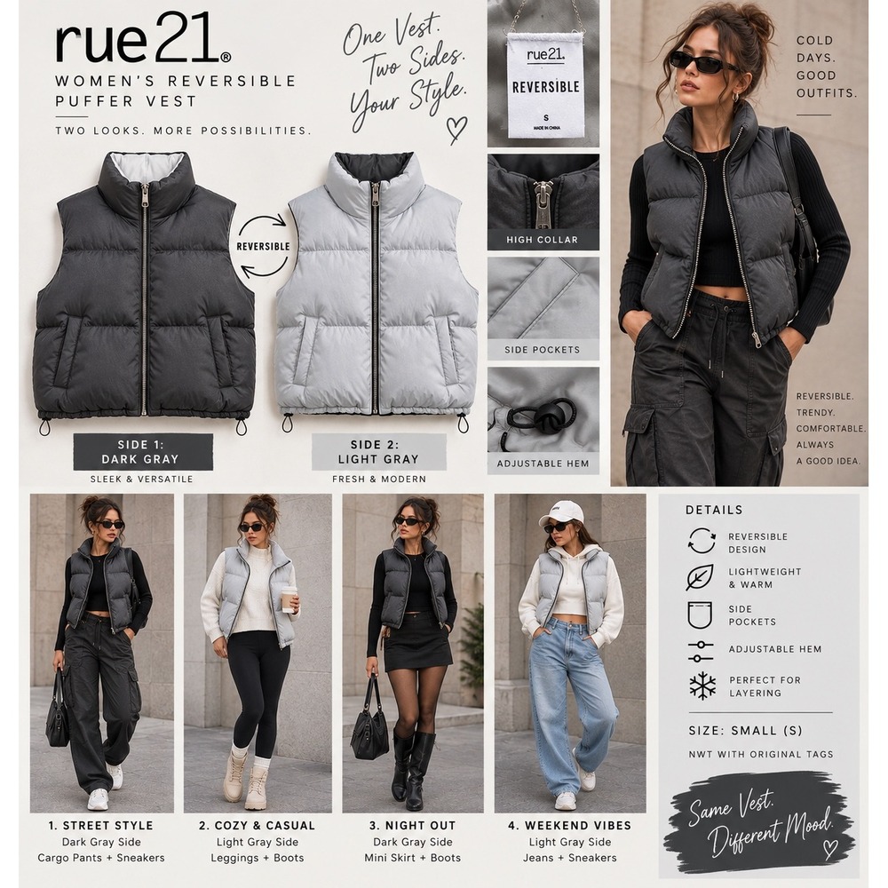 Rue21 Women Reversible Puffer Vest Small Dark Light Gray Y2K Winter Full Zip NWT